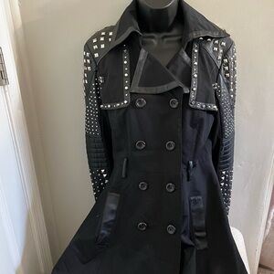 bebe Black Studded Trench Coat with Embellished Sleeves